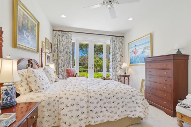 bedroom featuring ceiling fan, access to exterior, and french doors