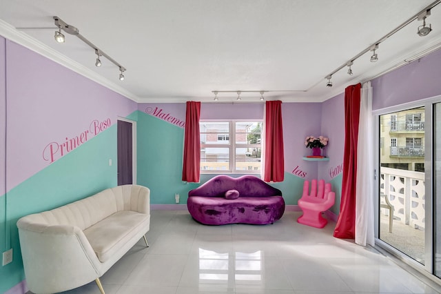 living area with crown molding and rail lighting