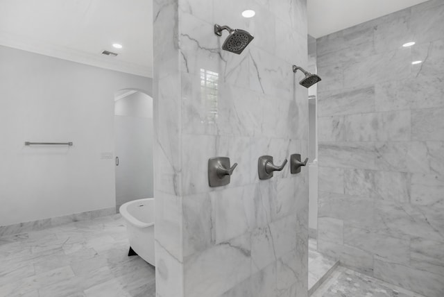 bathroom featuring shower with separate bathtub and ornamental molding