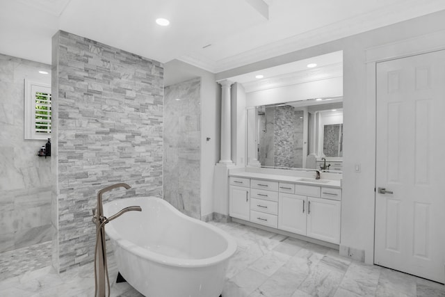 bathroom with shower with separate bathtub, vanity, and decorative columns