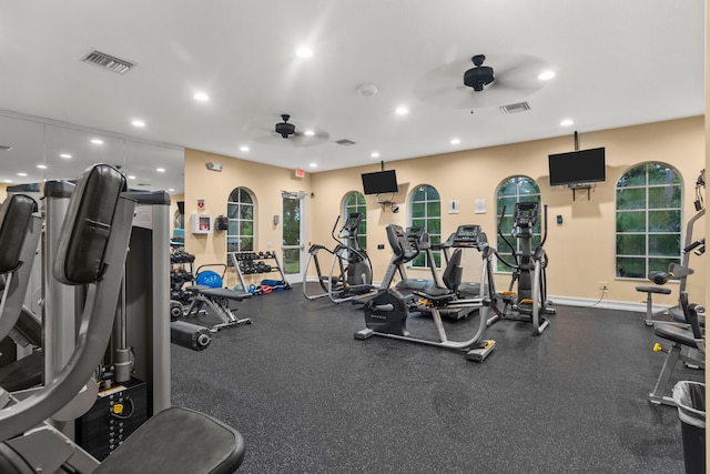 workout area with ceiling fan