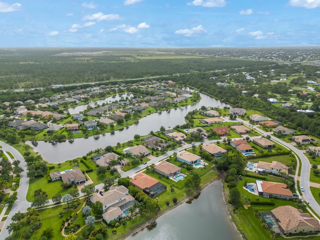 aerial view featuring a water view