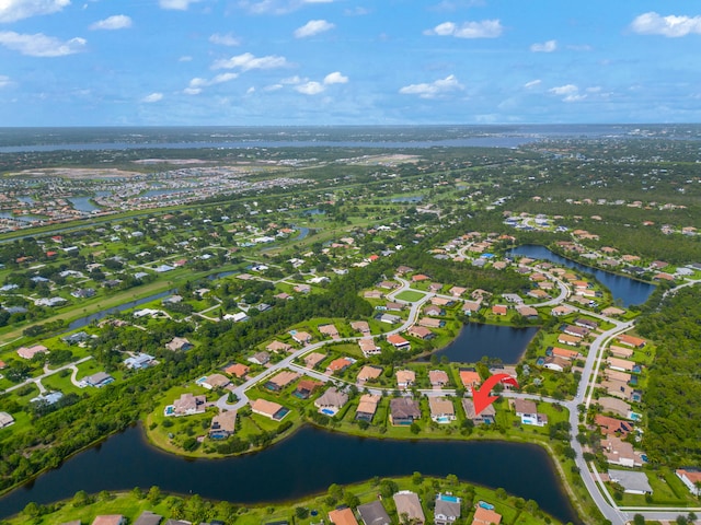 aerial view featuring a water view