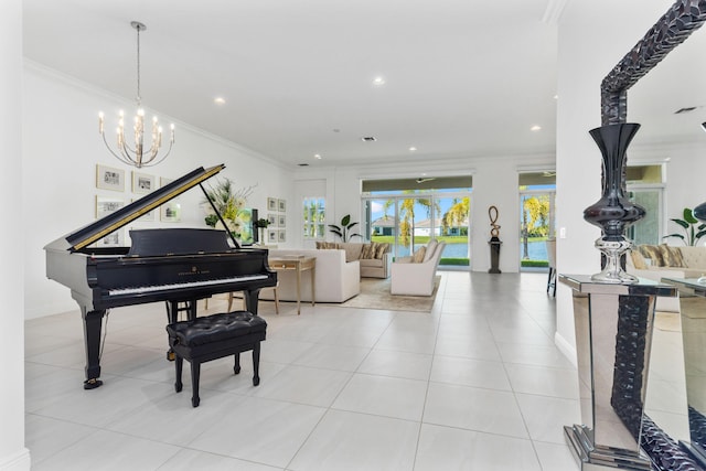 interior space with light tile patterned flooring, crown molding, and a chandelier