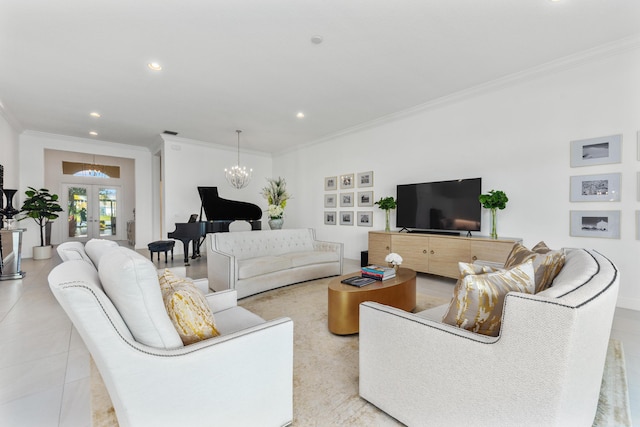 tiled living room featuring french doors, crown molding, and a chandelier