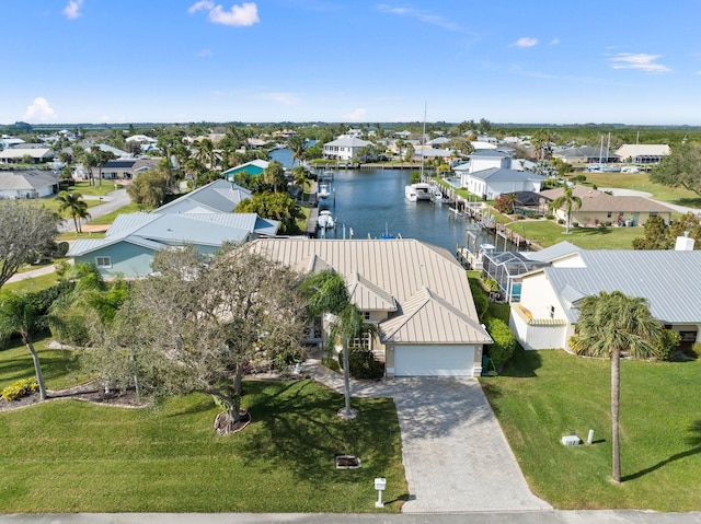 bird's eye view with a water view