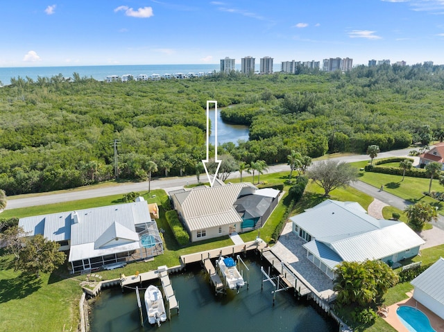 bird's eye view with a water view