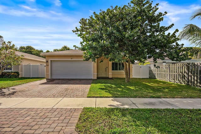 view of property hidden behind natural elements featuring a garage and a front lawn