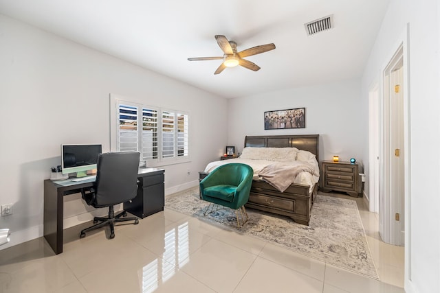 bedroom featuring ceiling fan and light tile patterned floors