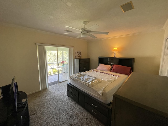 bedroom with ceiling fan, carpet floors, access to exterior, a textured ceiling, and crown molding