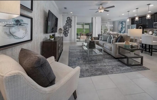 tiled living room with ceiling fan