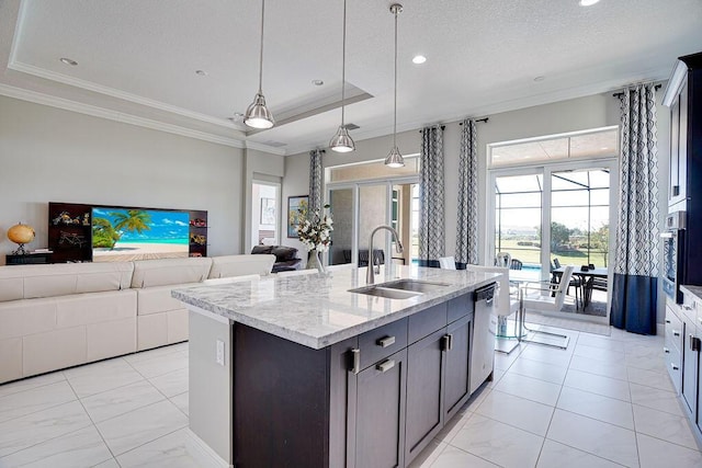 kitchen featuring sink, hanging light fixtures, a tray ceiling, light stone counters, and stainless steel appliances