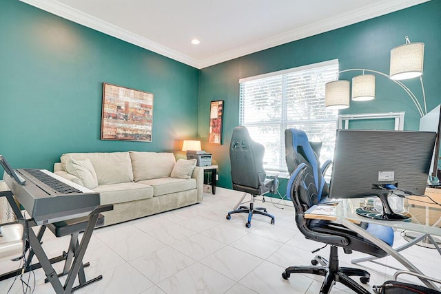 office area with ornamental molding