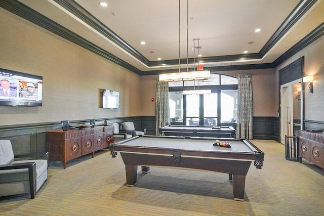 game room with light carpet, ornamental molding, and billiards