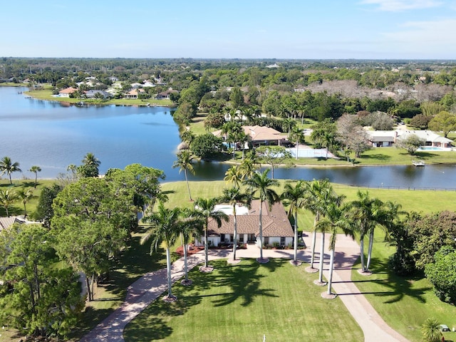 drone / aerial view with a water view