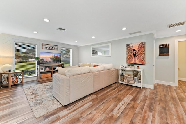 living room featuring ornamental molding and light wood-type flooring