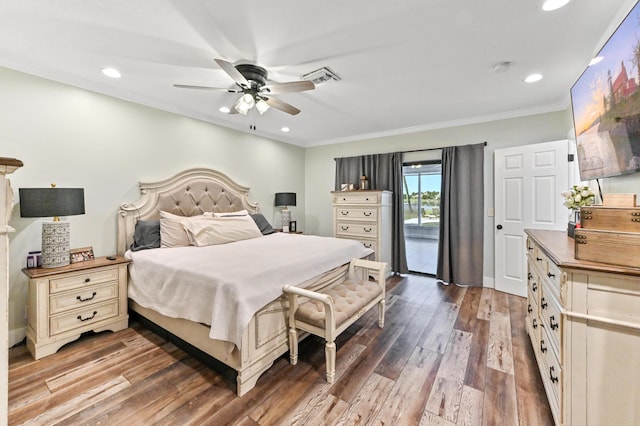 bedroom with crown molding, ceiling fan, wood-type flooring, and access to exterior