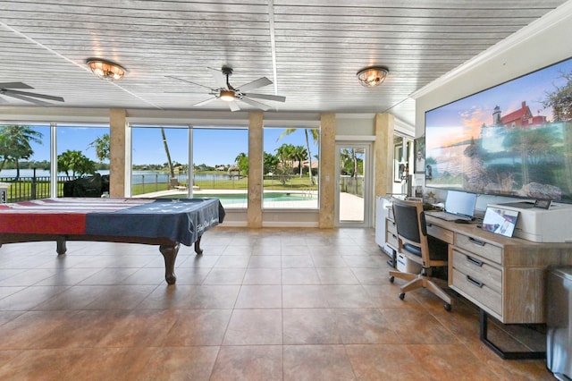 recreation room featuring crown molding, wooden ceiling, ceiling fan, and billiards