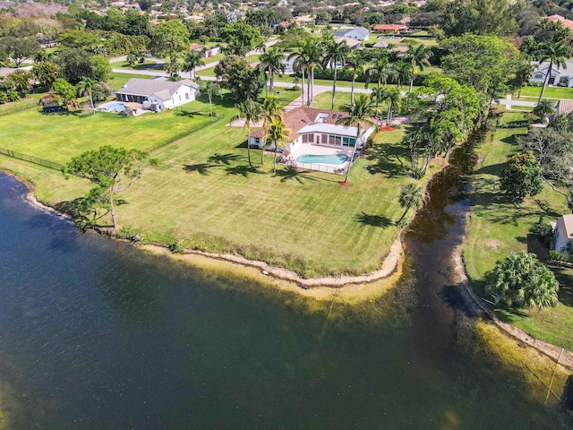 drone / aerial view featuring a water view