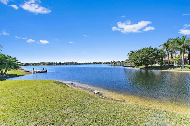 view of water feature with a dock