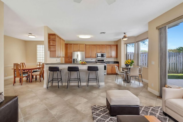 kitchen with a breakfast bar area, ceiling fan, a healthy amount of sunlight, and stainless steel appliances