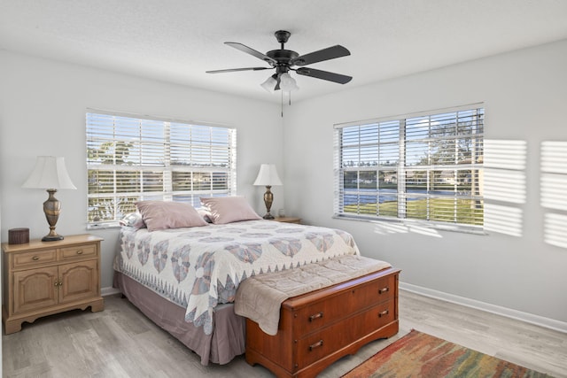 bedroom featuring ceiling fan and light hardwood / wood-style flooring