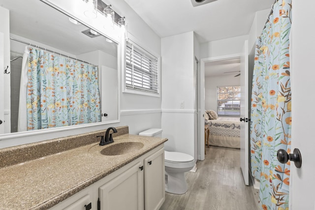 bathroom with vanity, toilet, plenty of natural light, and wood-type flooring