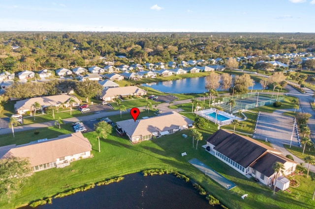 drone / aerial view featuring a water view