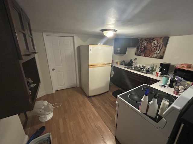 kitchen featuring white fridge, light hardwood / wood-style floors, and range with electric cooktop