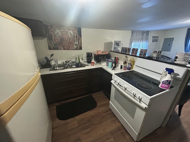 kitchen with sink, white appliances, electric panel, and dark hardwood / wood-style flooring