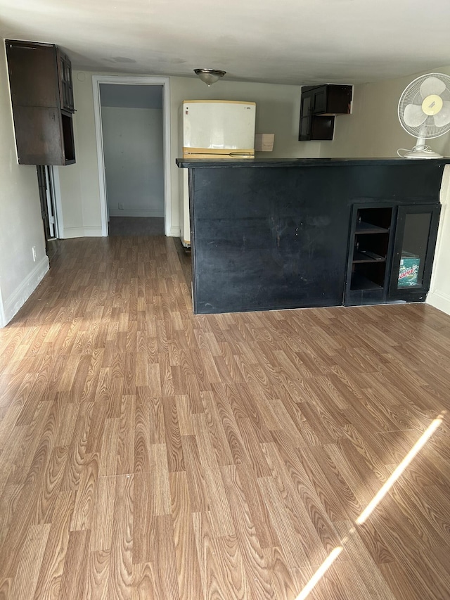 kitchen featuring dark brown cabinetry and light hardwood / wood-style floors