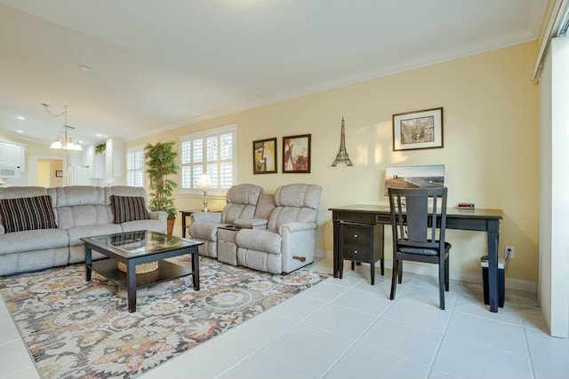 tiled living room with an inviting chandelier and crown molding