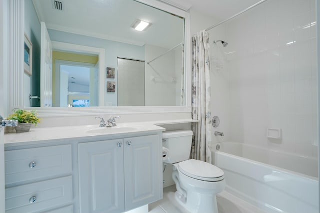 full bathroom with shower / tub combo, vanity, toilet, and tile patterned floors