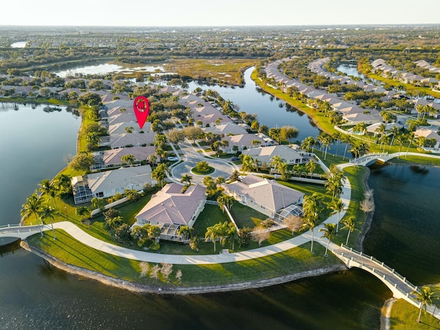 drone / aerial view featuring a water view