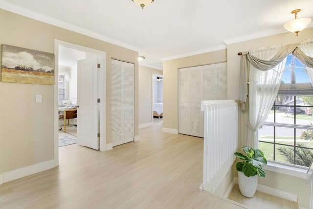 hall featuring light hardwood / wood-style floors and crown molding