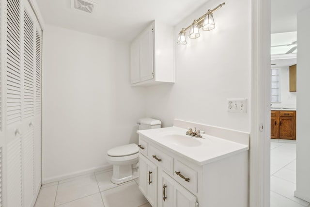 bathroom with ceiling fan, tile patterned floors, toilet, and vanity