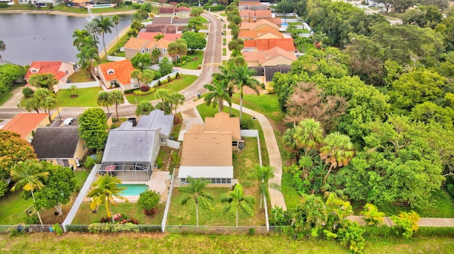 bird's eye view with a water view