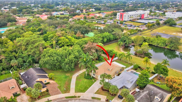 drone / aerial view featuring a water view