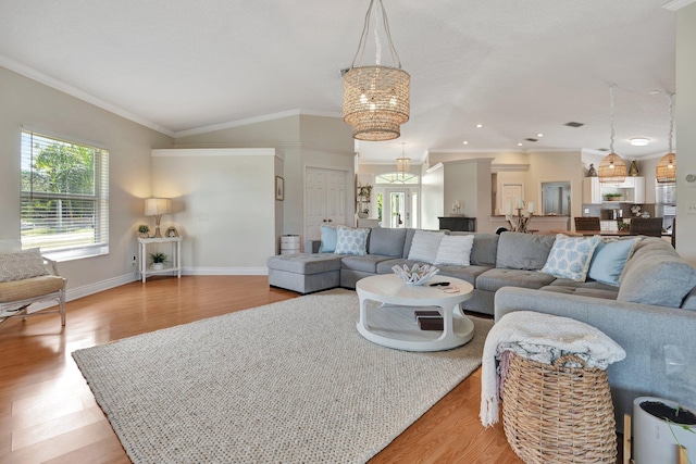 living room with light hardwood / wood-style floors, crown molding, and a chandelier