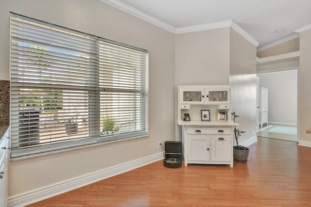 interior space with a healthy amount of sunlight, light hardwood / wood-style floors, and ornamental molding