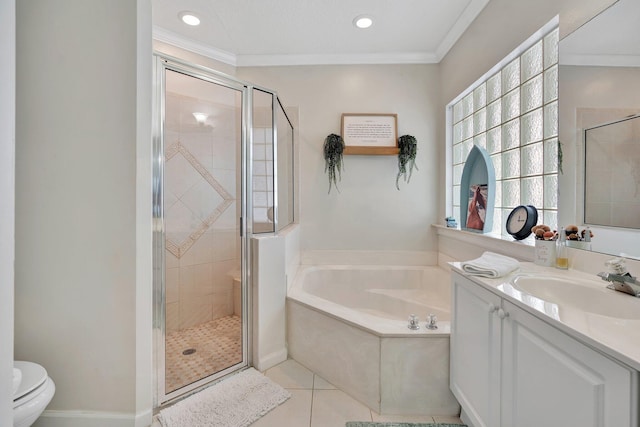 full bathroom featuring independent shower and bath, tile patterned flooring, ornamental molding, and vanity