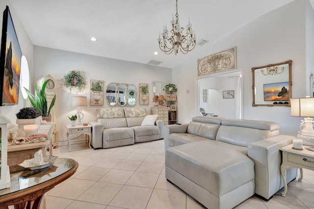 tiled living room with a chandelier