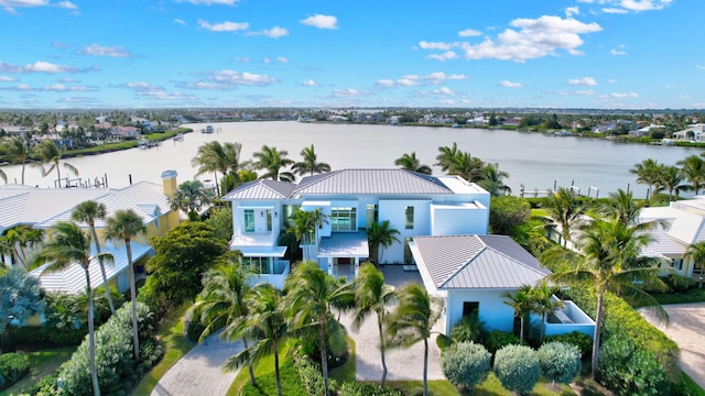 drone / aerial view featuring a water view