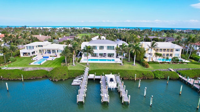 bird's eye view with a water view