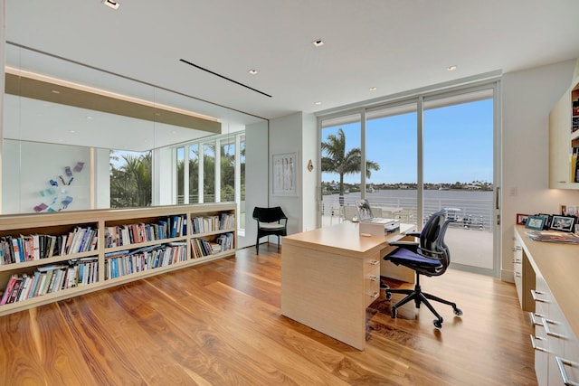 home office featuring a water view, expansive windows, and light hardwood / wood-style floors