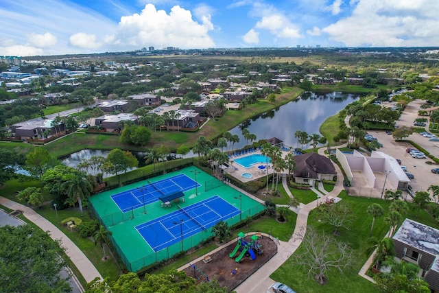 birds eye view of property featuring a water view