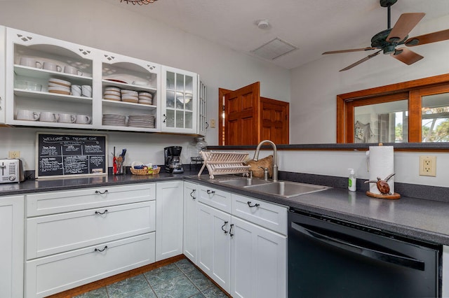 kitchen featuring ceiling fan, dishwasher, white cabinets, and sink