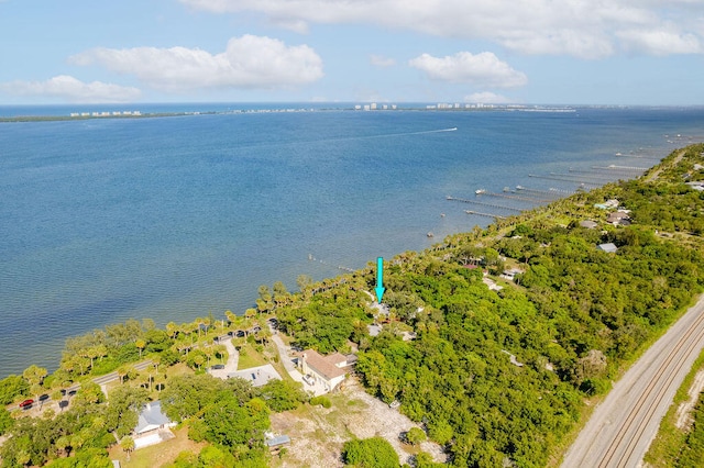 drone / aerial view featuring a water view