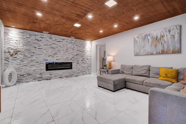 living room featuring a large fireplace and wooden ceiling