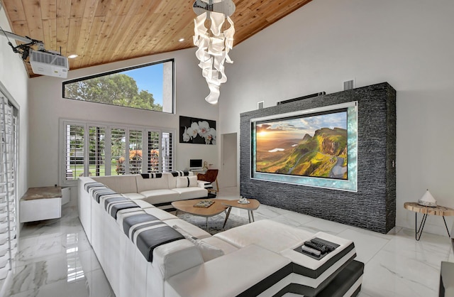 living room featuring wood ceiling and a towering ceiling